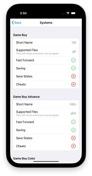 The Systems screen in Settings, listing the various sytems eclipse supports.